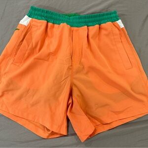 Bright Orange 2-in-1 “Freeballer” Shorts with Green Waistband